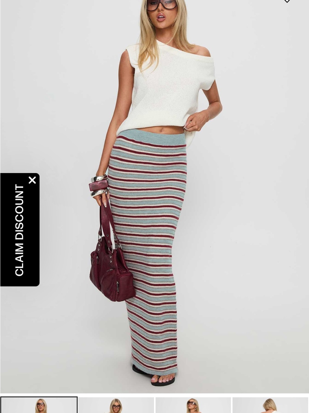 Princess Polly Striped Knit Maxi Skirt in Light Blue, Burgundy and Gray